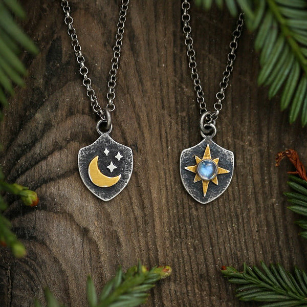 Celestial Shield Necklaces Sterling Silver Moonstone Gold